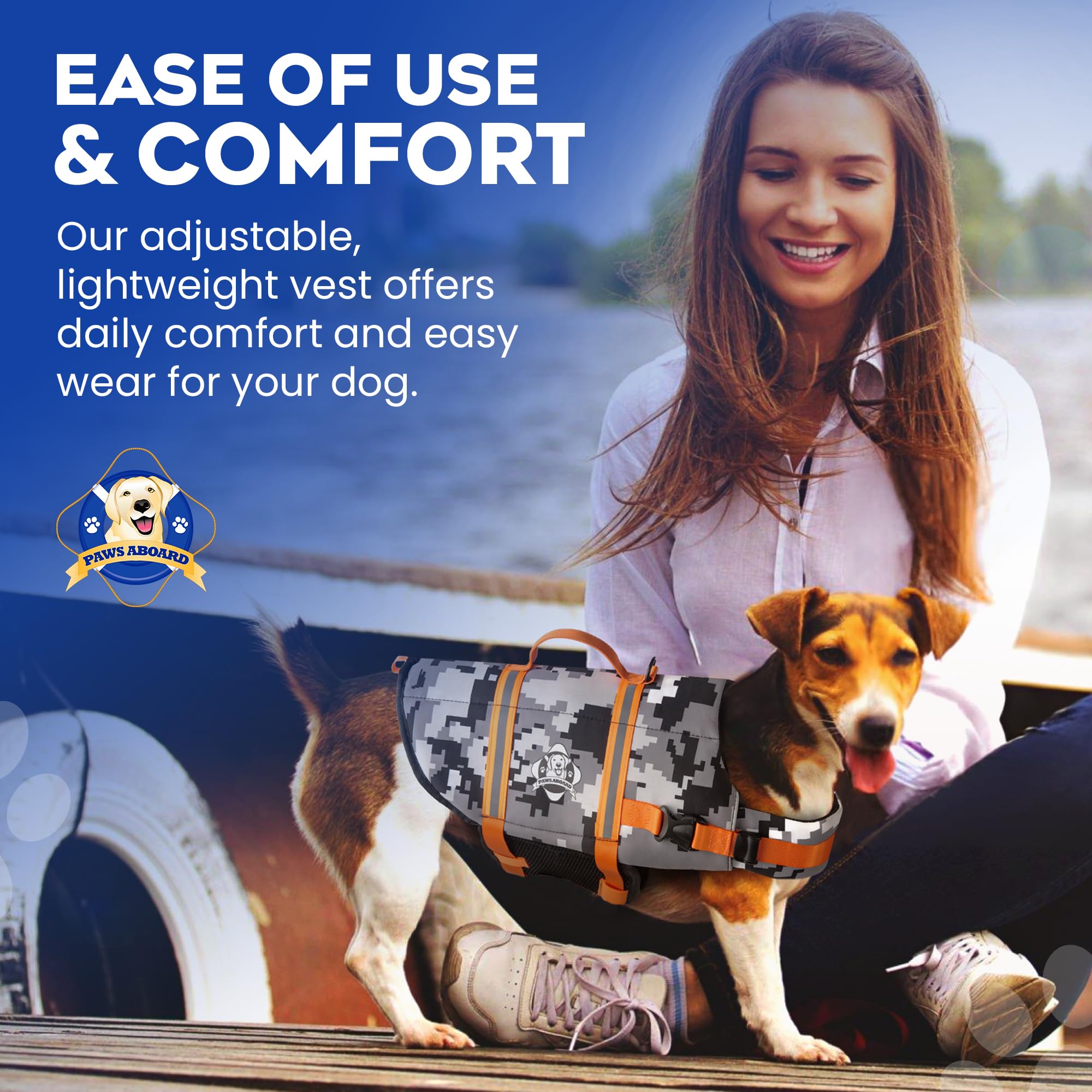Paws Aboard dog life jacket available in vibrant colors and patterns to suit your dog.