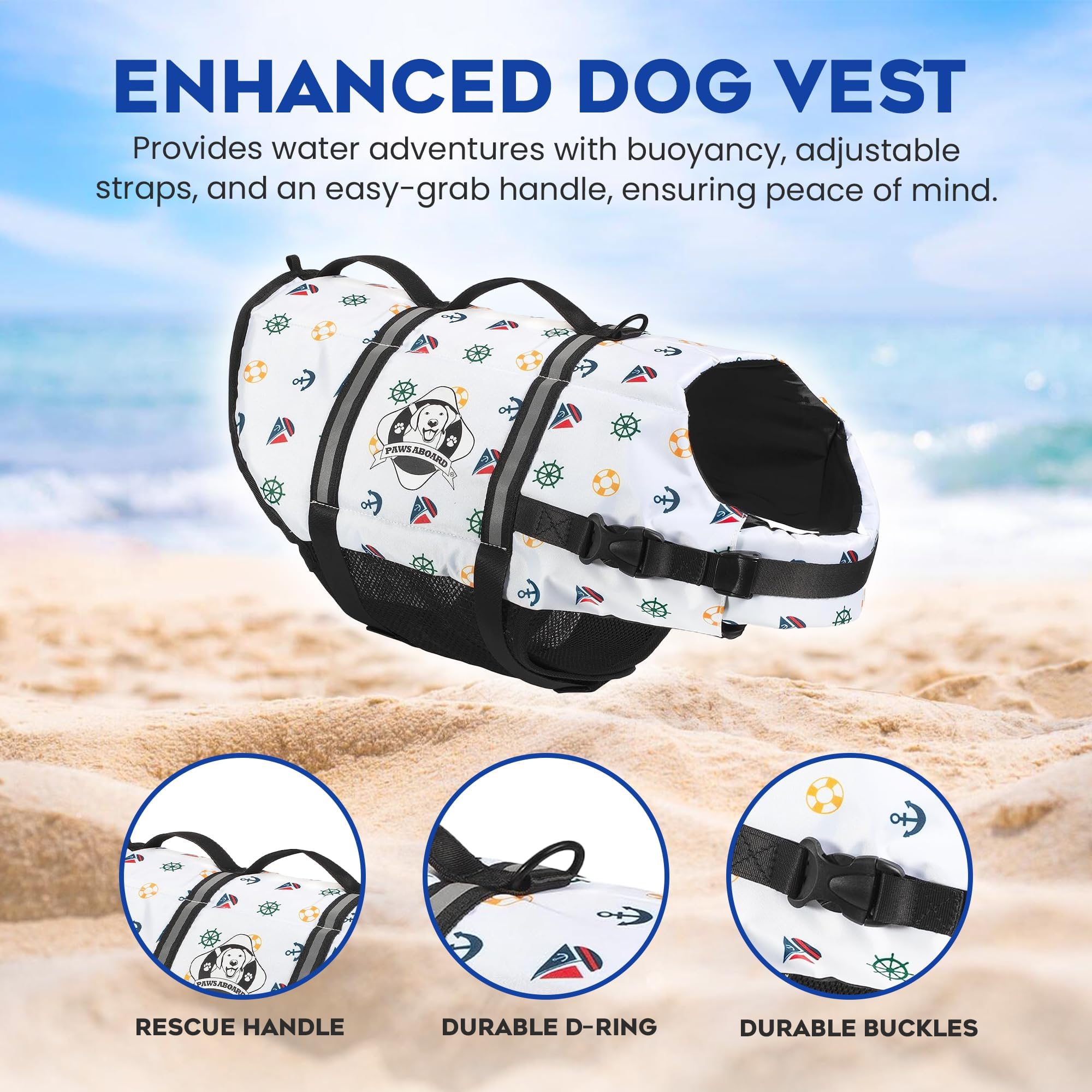 Paws Aboard dog life jacket features breathable belly mesh for cooling comfort.