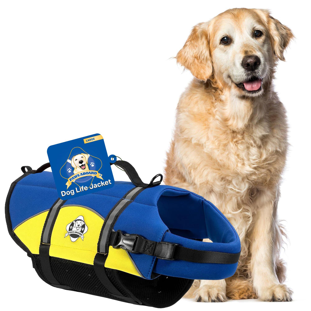 Paws Aboard dog life jacket blue-yellow front view shows high-visibility and safety.