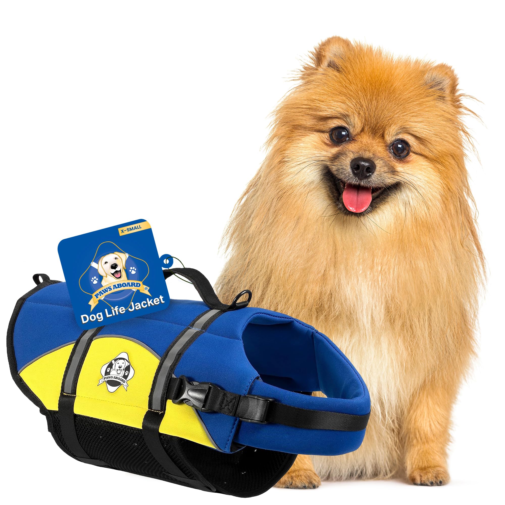 Paws Aboard dog life jacket blue-yellow front view with secure fit for outdoor water play.