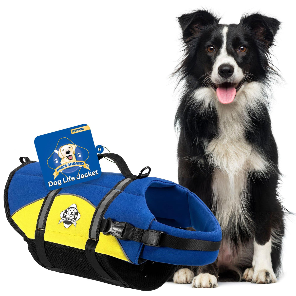 Paws Aboard dog life jacket blue-yellow medium with handle improves buoyancy