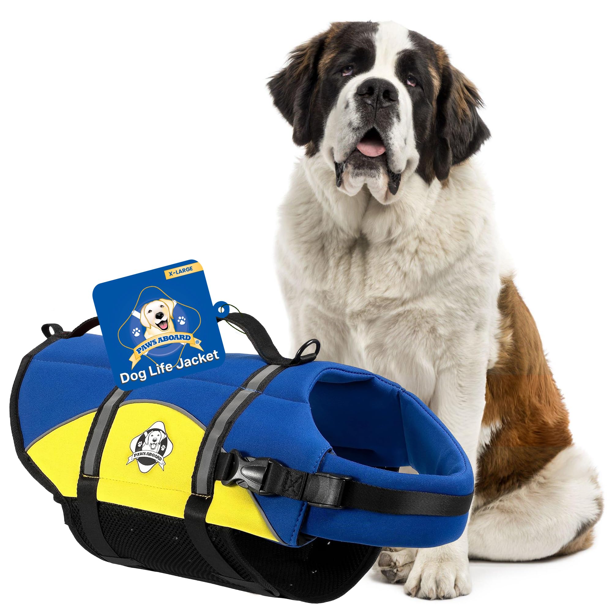 Paws Aboard dog life jacket on blue and yellow for safe swimming and visibility