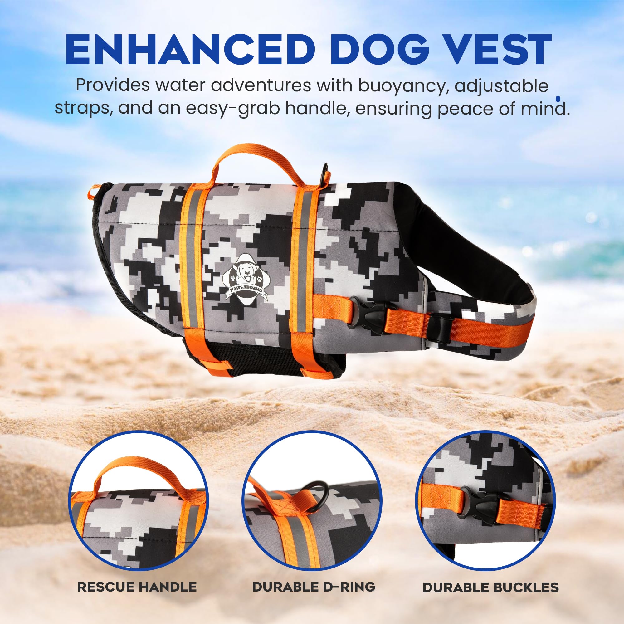 Paws Aboard dog life jacket breathable mesh belly keeps dogs cool during water play.