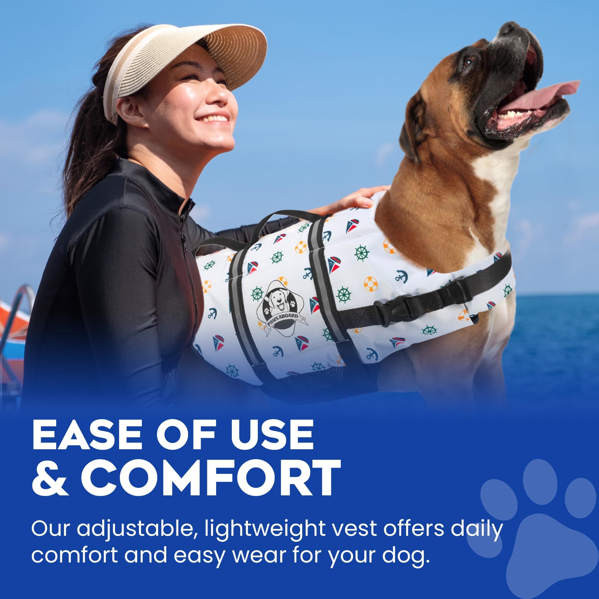 Paws Aboard dog life jacket available in multiple colors and patterns.