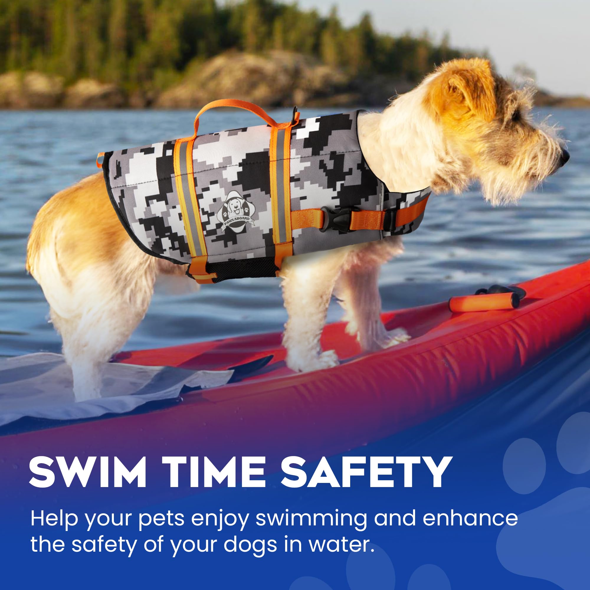 Paws Aboard dog life jacket grab handle aids quick retrieval from water.