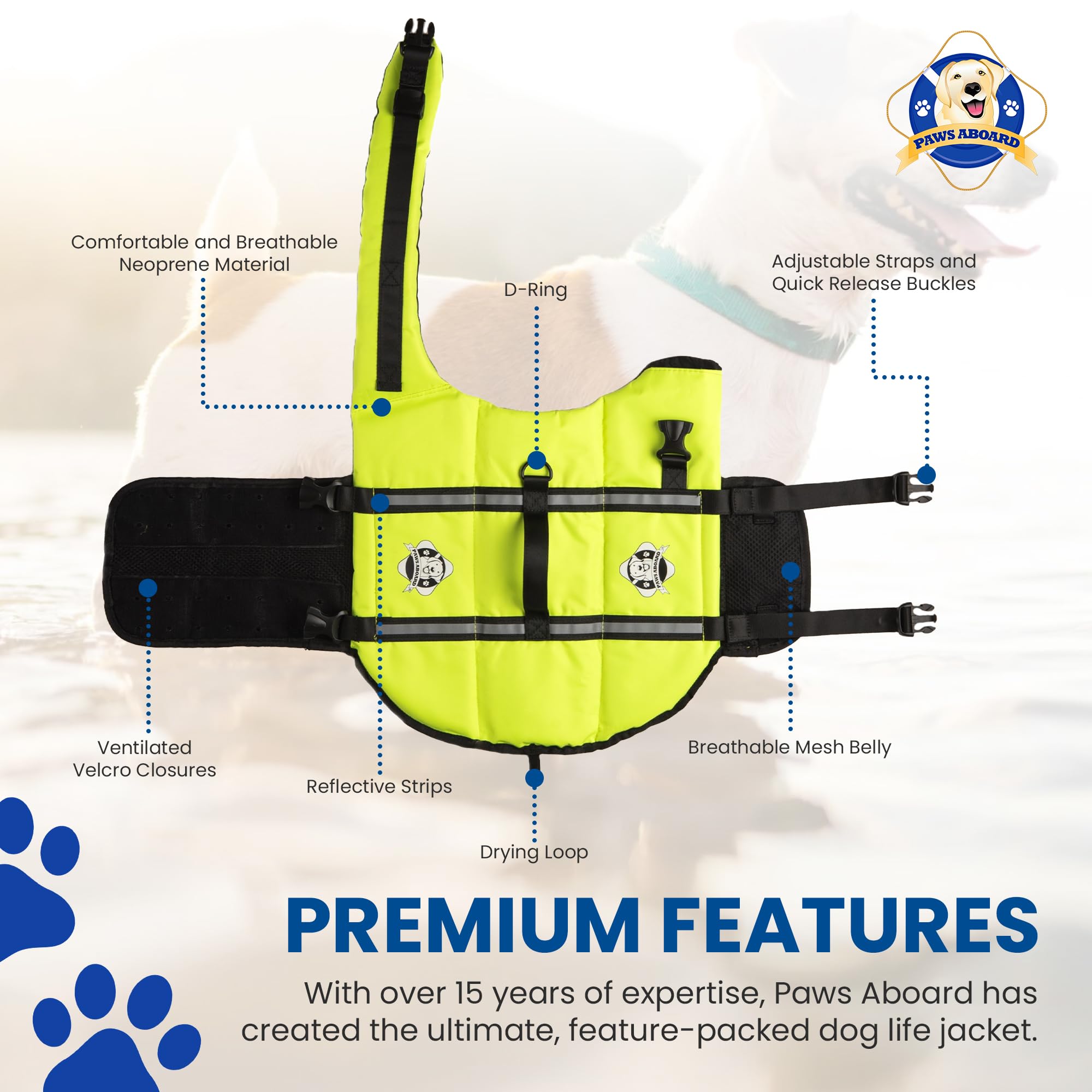 Paws Aboard grab-handle enables quick retrieval from the water.