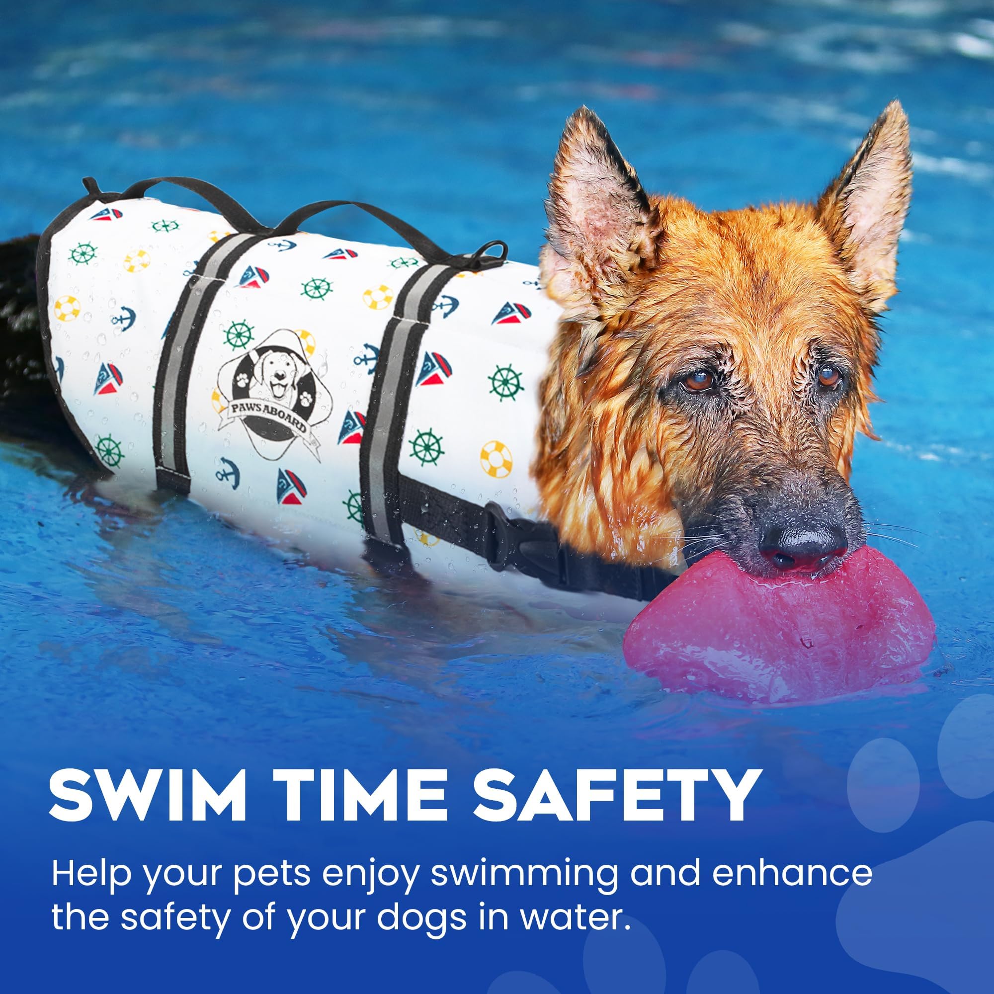 Paws Aboard life jacket has a sturdy grab handle for quick retrieval.