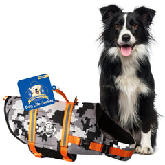 Paws Aboard dog life jacket gray camo orange front view promotes safer aquatic outings