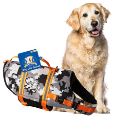 Paws Aboard dog life jacket grey camouflage on dock ready for boating adventures