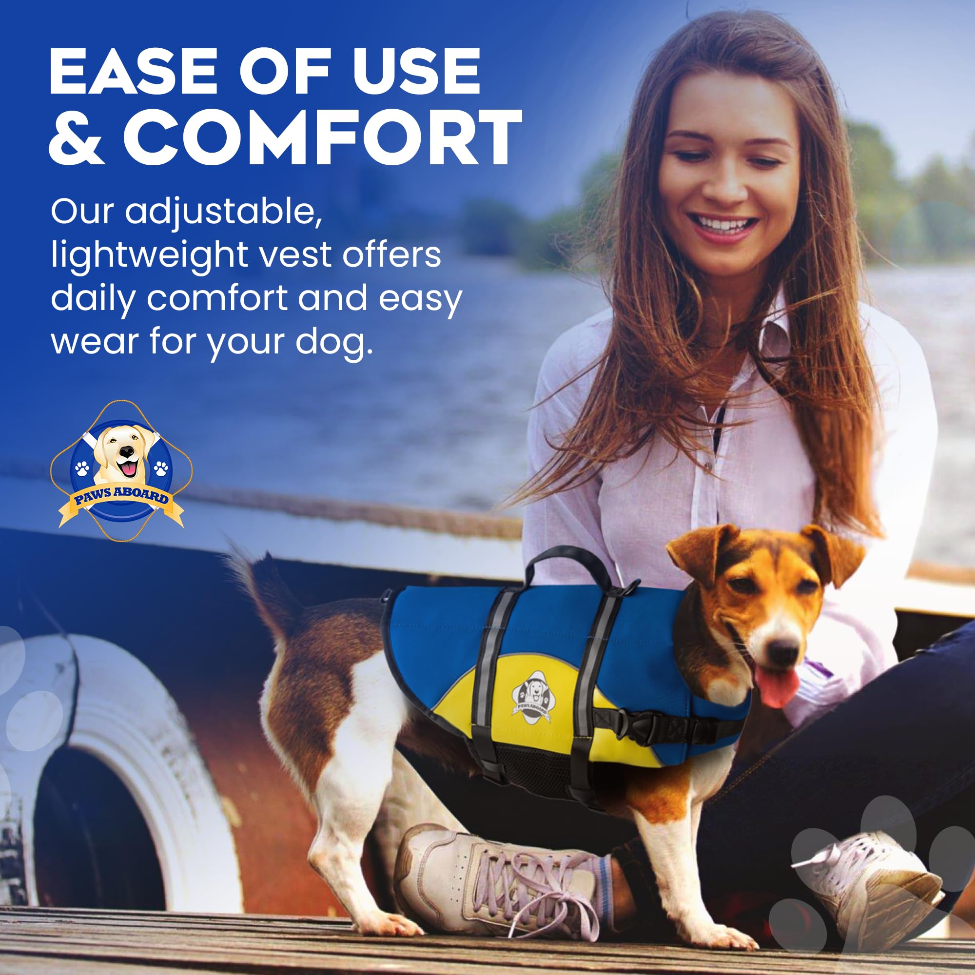 Paws Aboard dog life jacket available in multiple sizes colors and patterns.