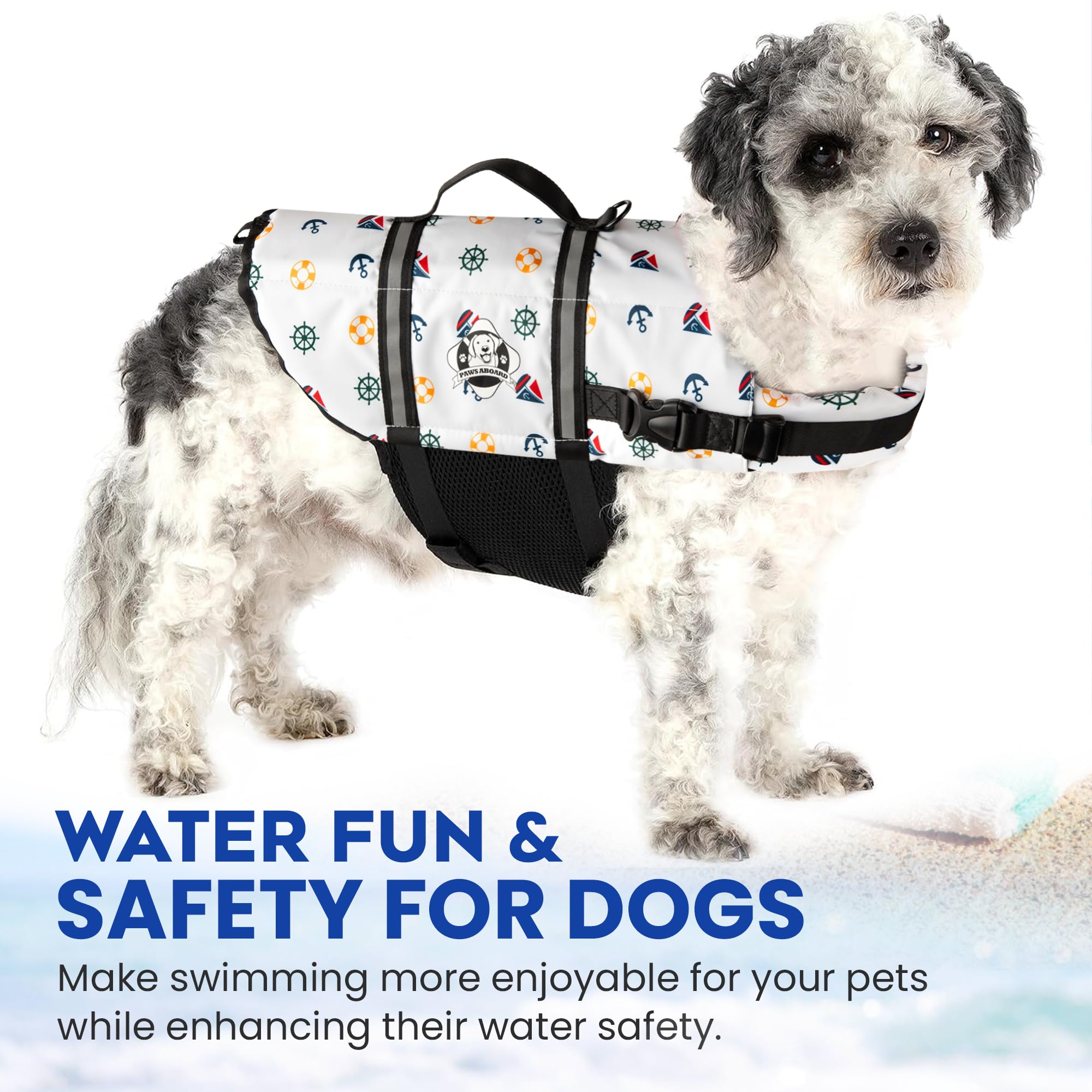 Paws Aboard dog life jacket nautical-pattern adds fun visibility during beach days