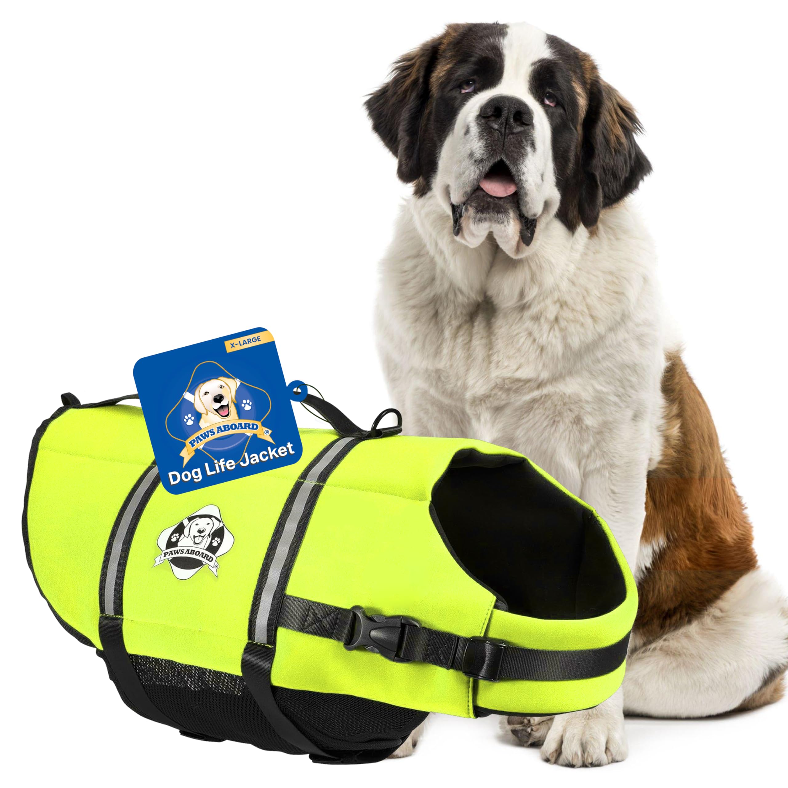 Paws Aboard dog life jacket neon-yellow side view supports safer water adventures.