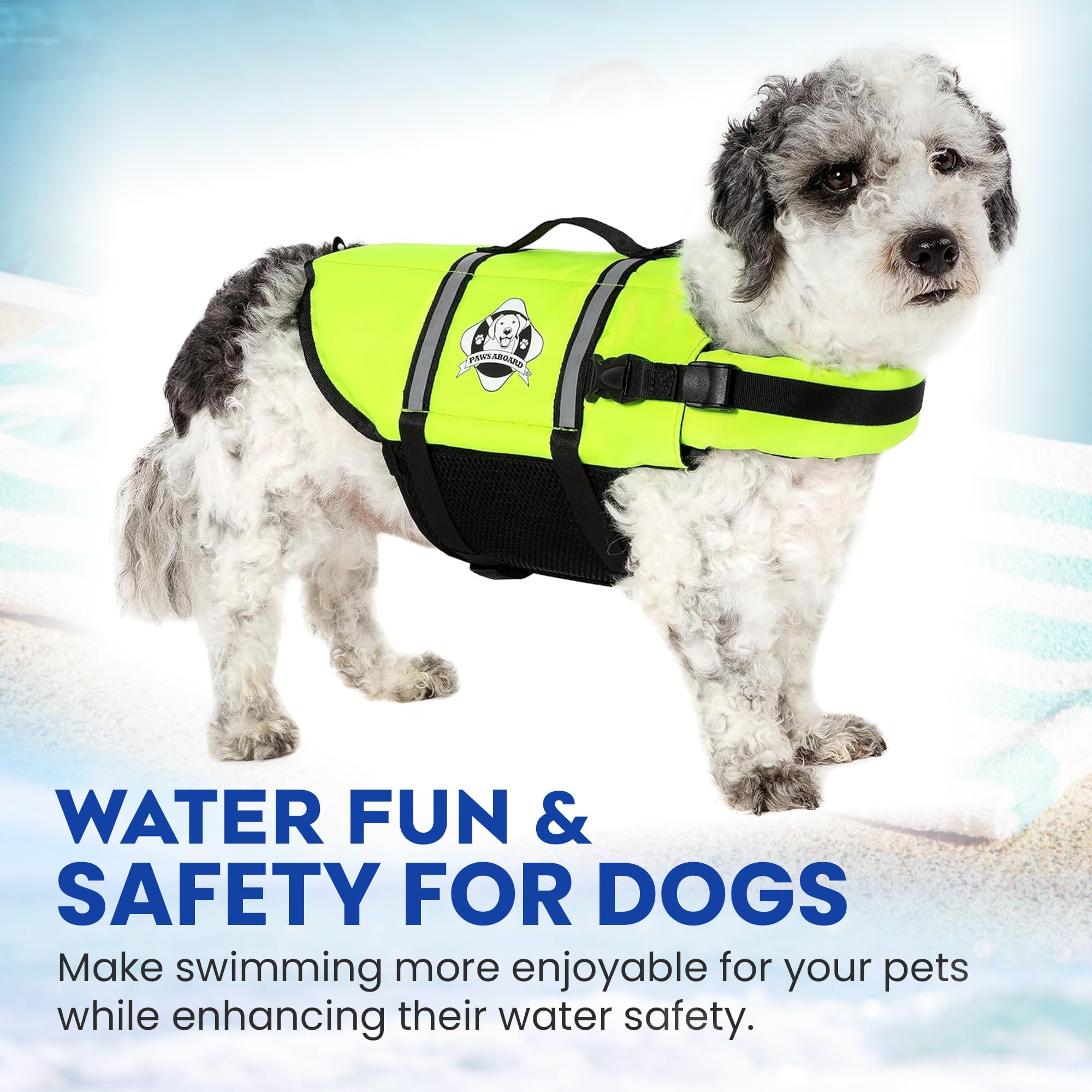 Paws Aboard dog life jacket in-swimming demonstrates buoyant support during water play.