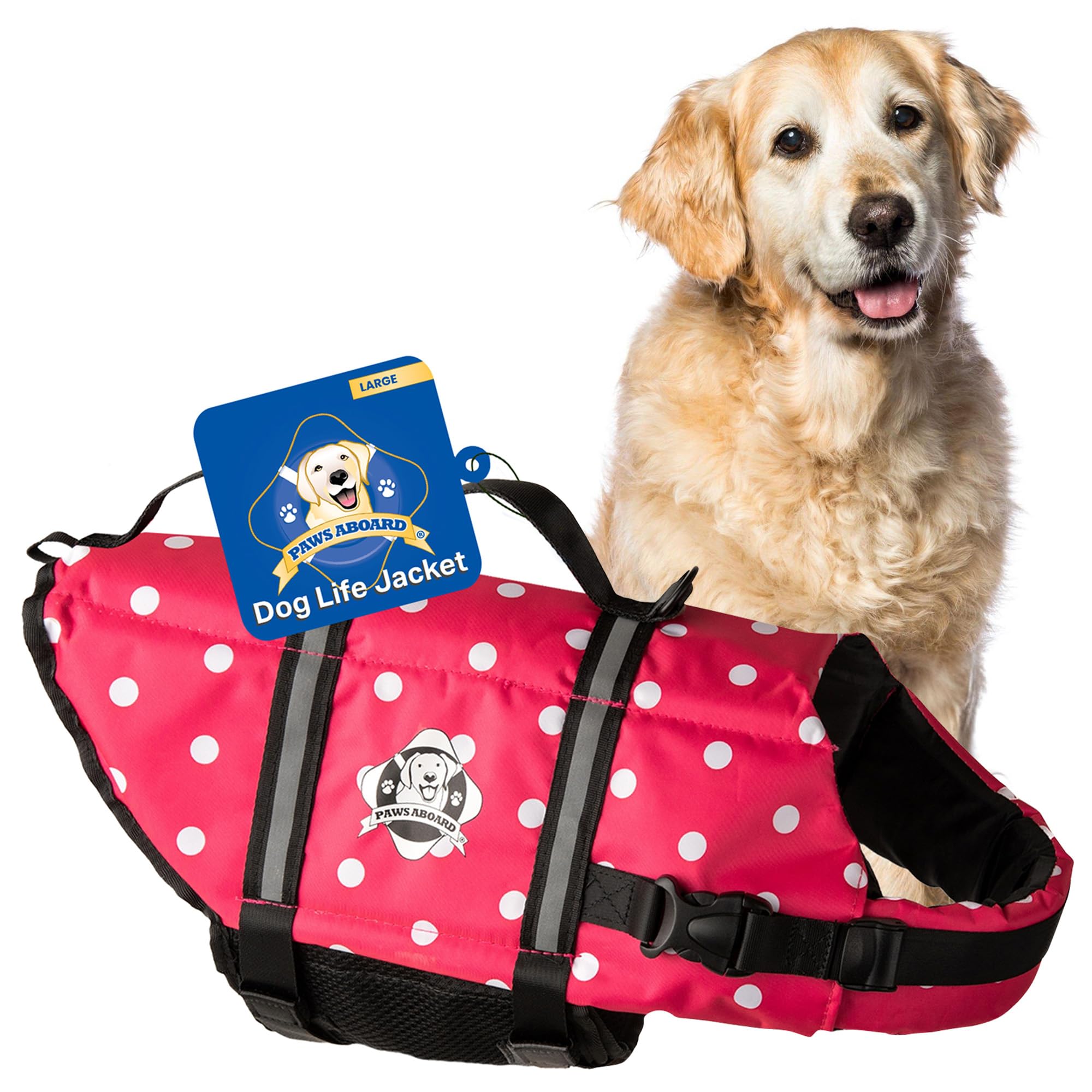 Paws Aboard pink polka dot dog life jacket worn on a large dog for beach day safety