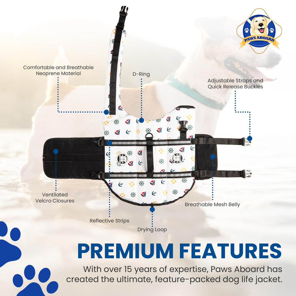 Paws Aboard life jacket includes quick-release buckles for easy on and off.