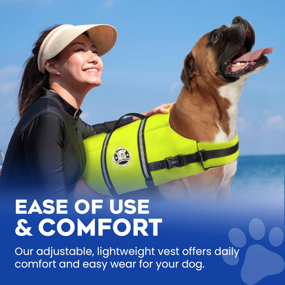 Paws Aboard dog life jacket quick-release buckles simplify on/off.