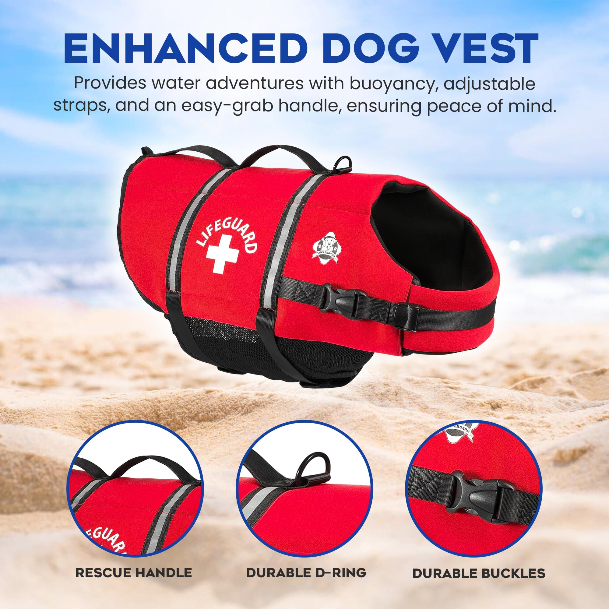 Paws Aboard red life vest with breathable mesh belly for cooling comfort.