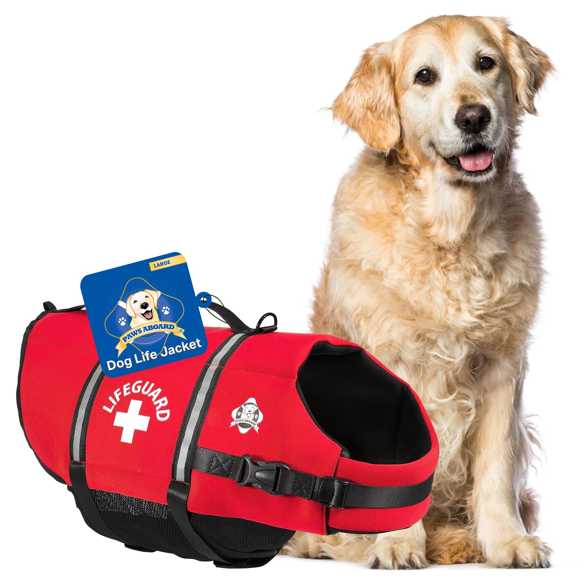 Paws Aboard dog life jacket in red large fit for safe water fun.