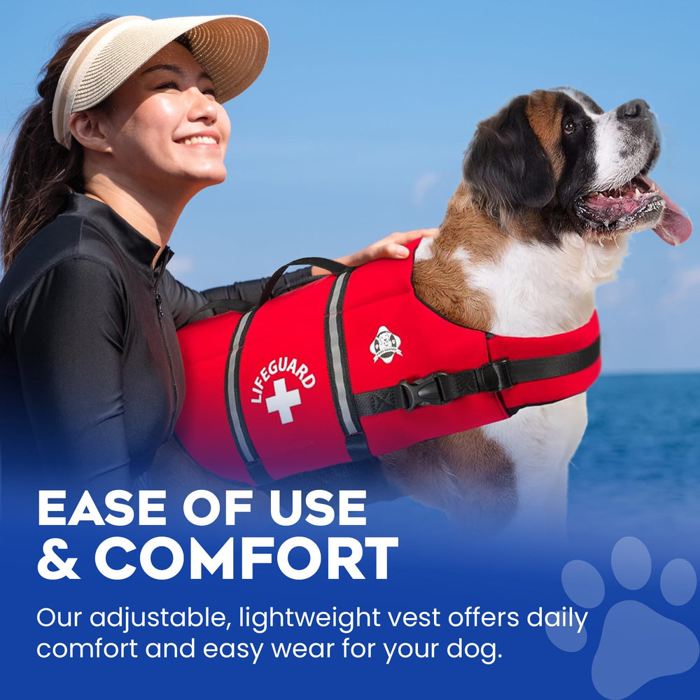 Paws Aboard dog life vest with grab handle for quick retrieval.