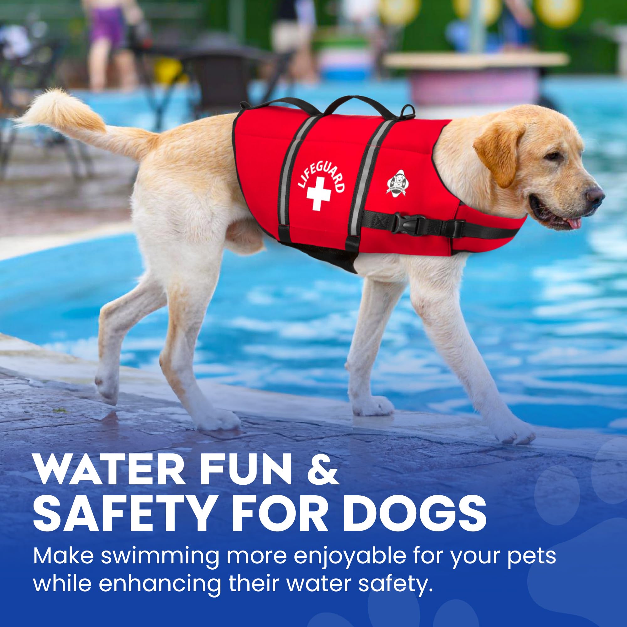 Paws Aboard red life jacket in pattern variety for stylish safety.