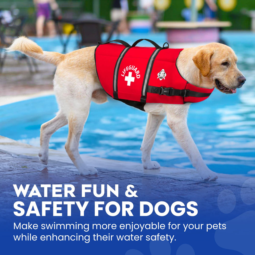 Paws Aboard red life jacket in pattern variety for stylish safety.