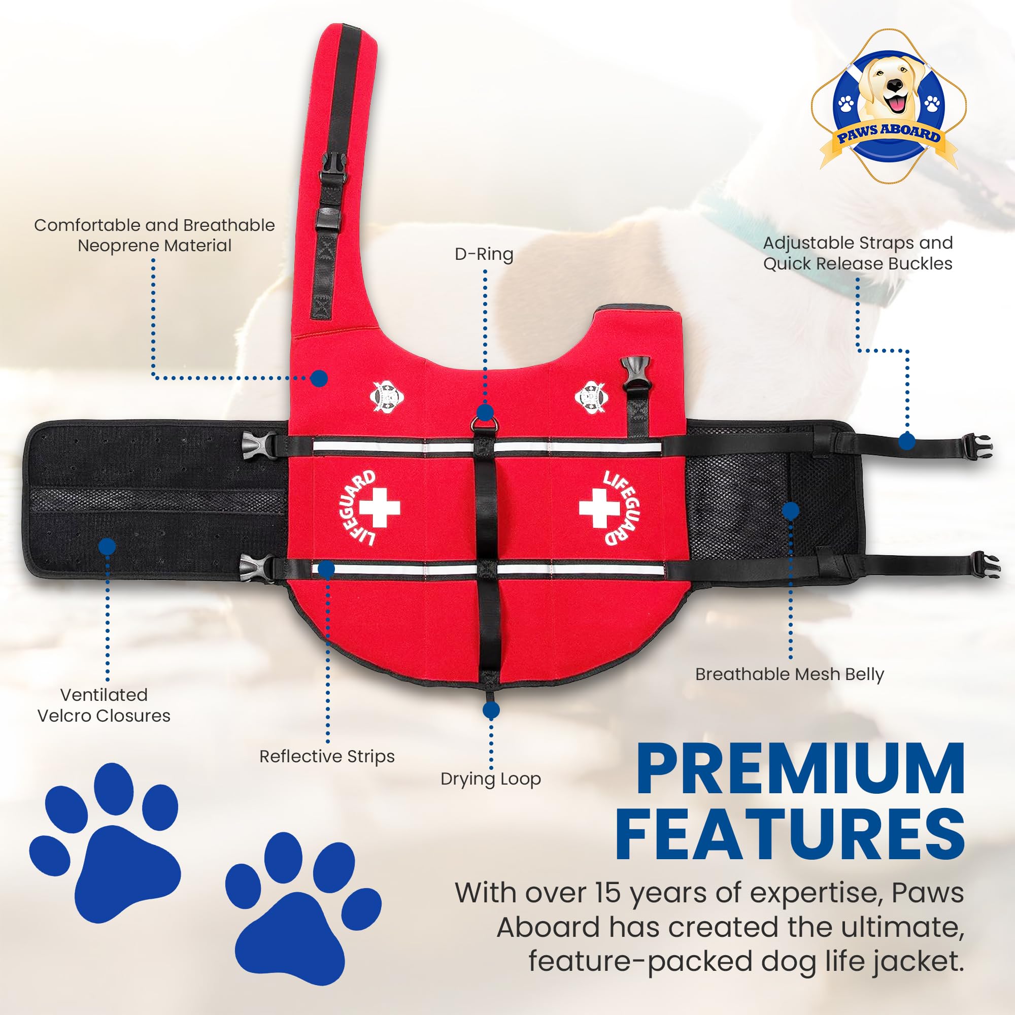 Paws Aboard life jacket with quick-release buckles for easy on and off.