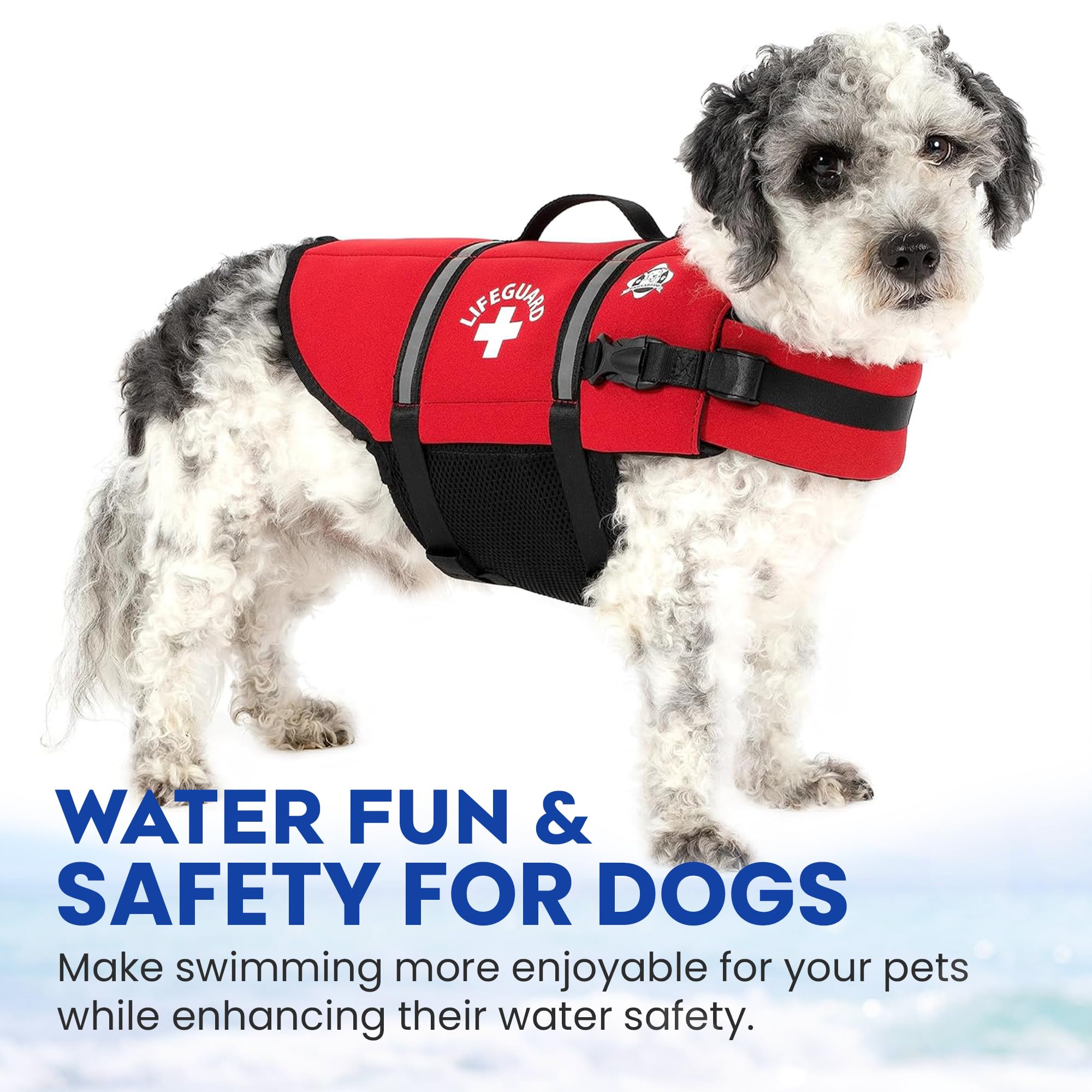 Paws Aboard dog life jacket red small pattern variations reflecting playful safety styles