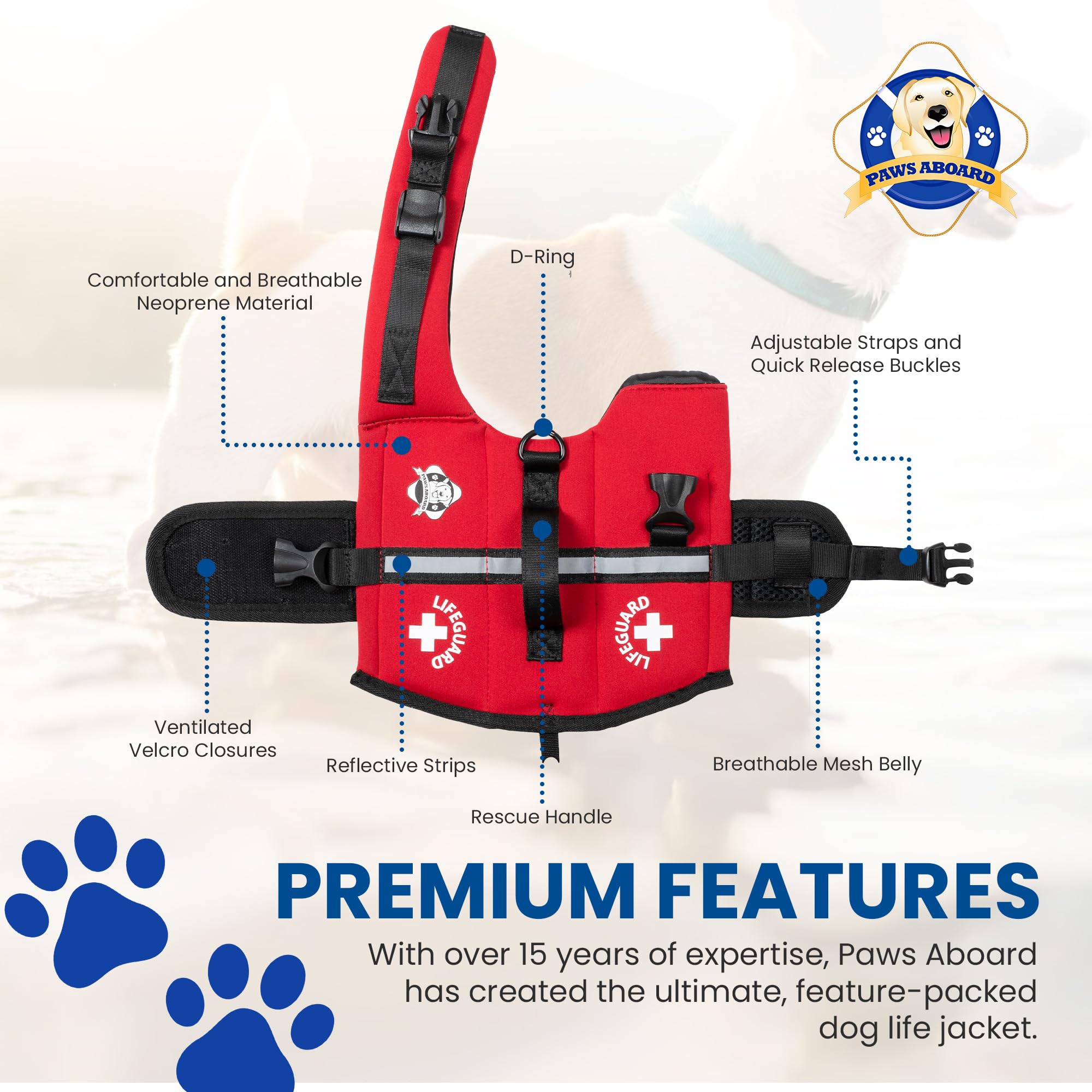 Paws Aboard dog life jacket red XX-Small grab handle aids retrieval.
