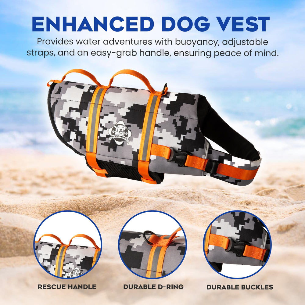 Paws Aboard dog life jacket with reflective strip improves low-light visibility