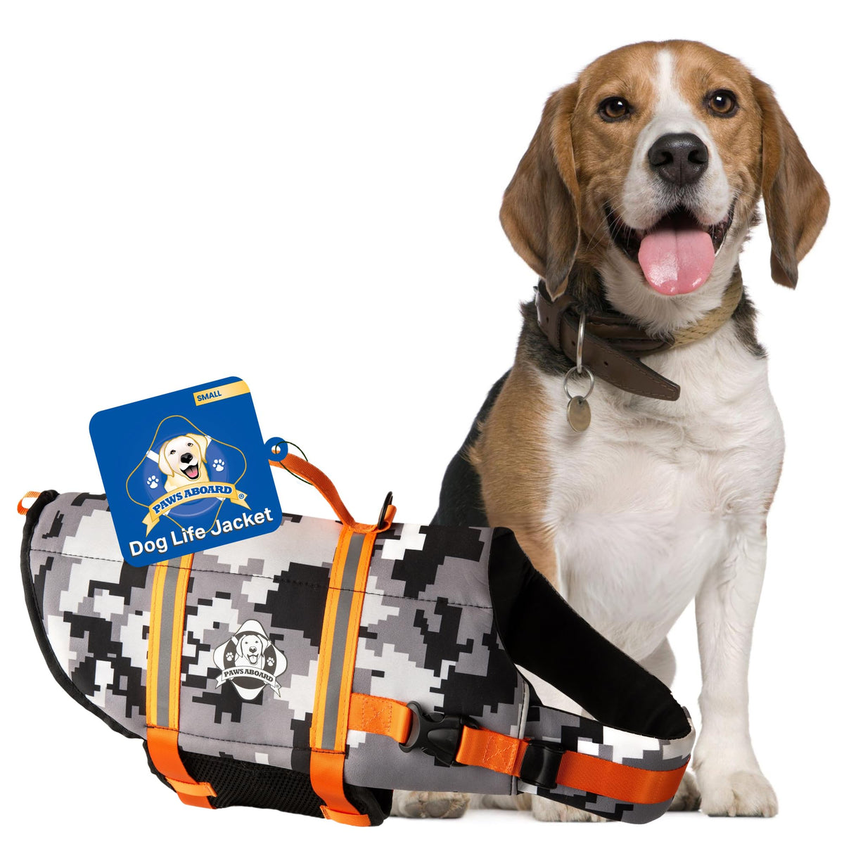 Paws Aboard dog life jacket close-up showing reflective strips for safer visibility at dusk.