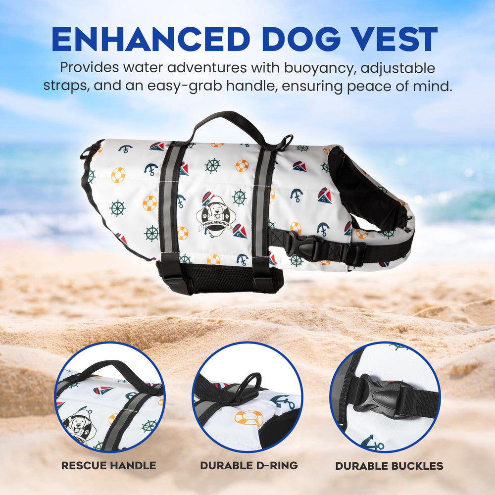 Paws Aboard dog life jacket reflective-strips improve visibility at dawn or dusk on the water