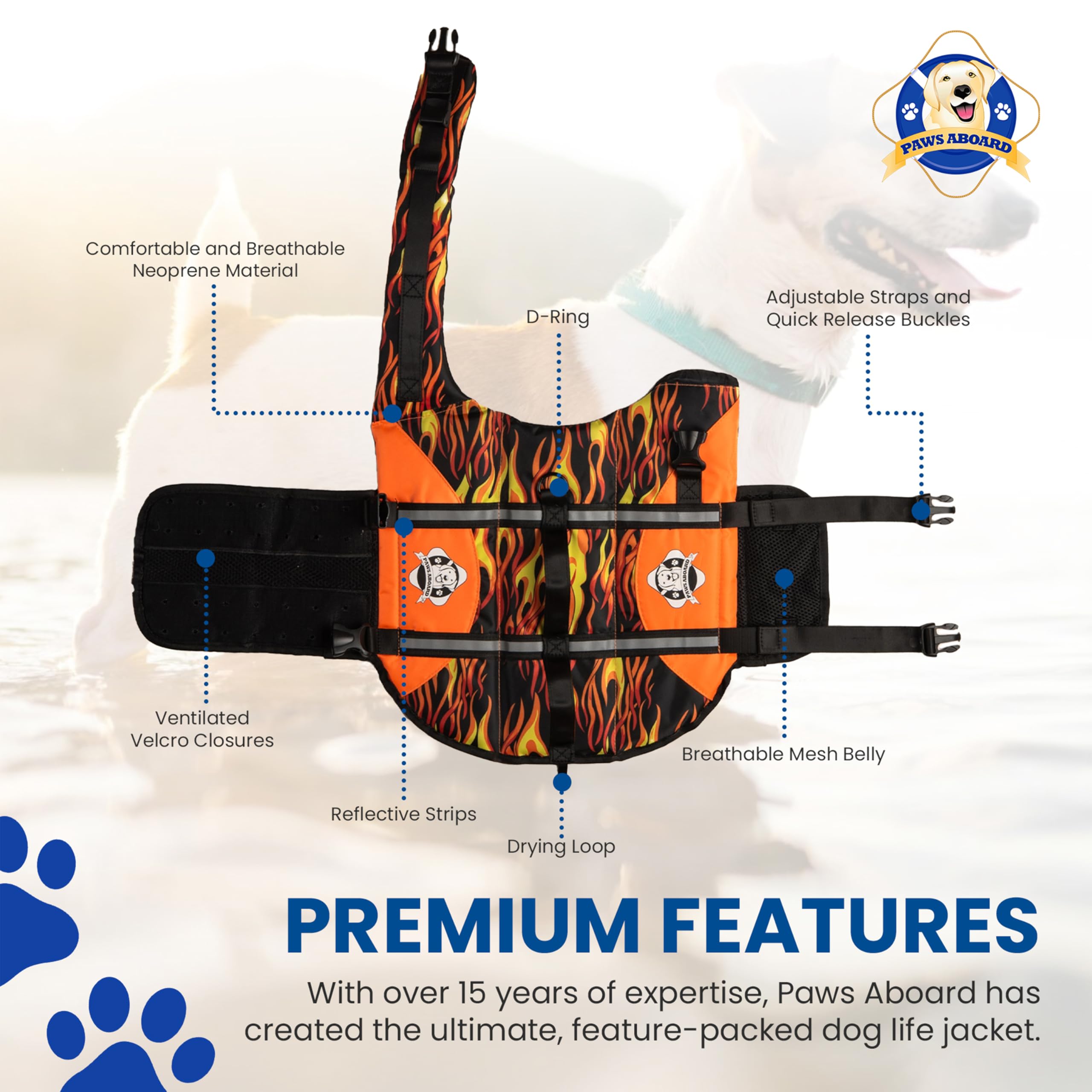 Paws Aboard life jacket with reflective strips improves visibility in low light