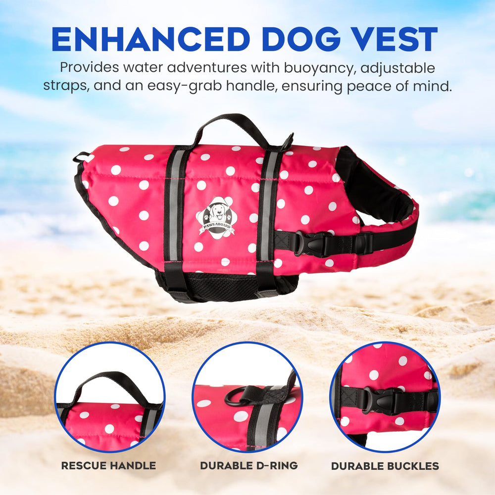 Paws Aboard dog life jacket size guide xx-small to extra-large.