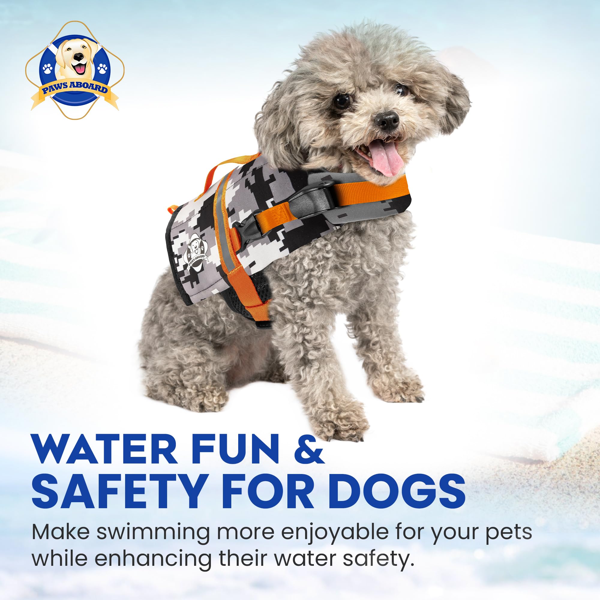 Paws Aboard life jacket available in colors and patterns to match your dog's personality.