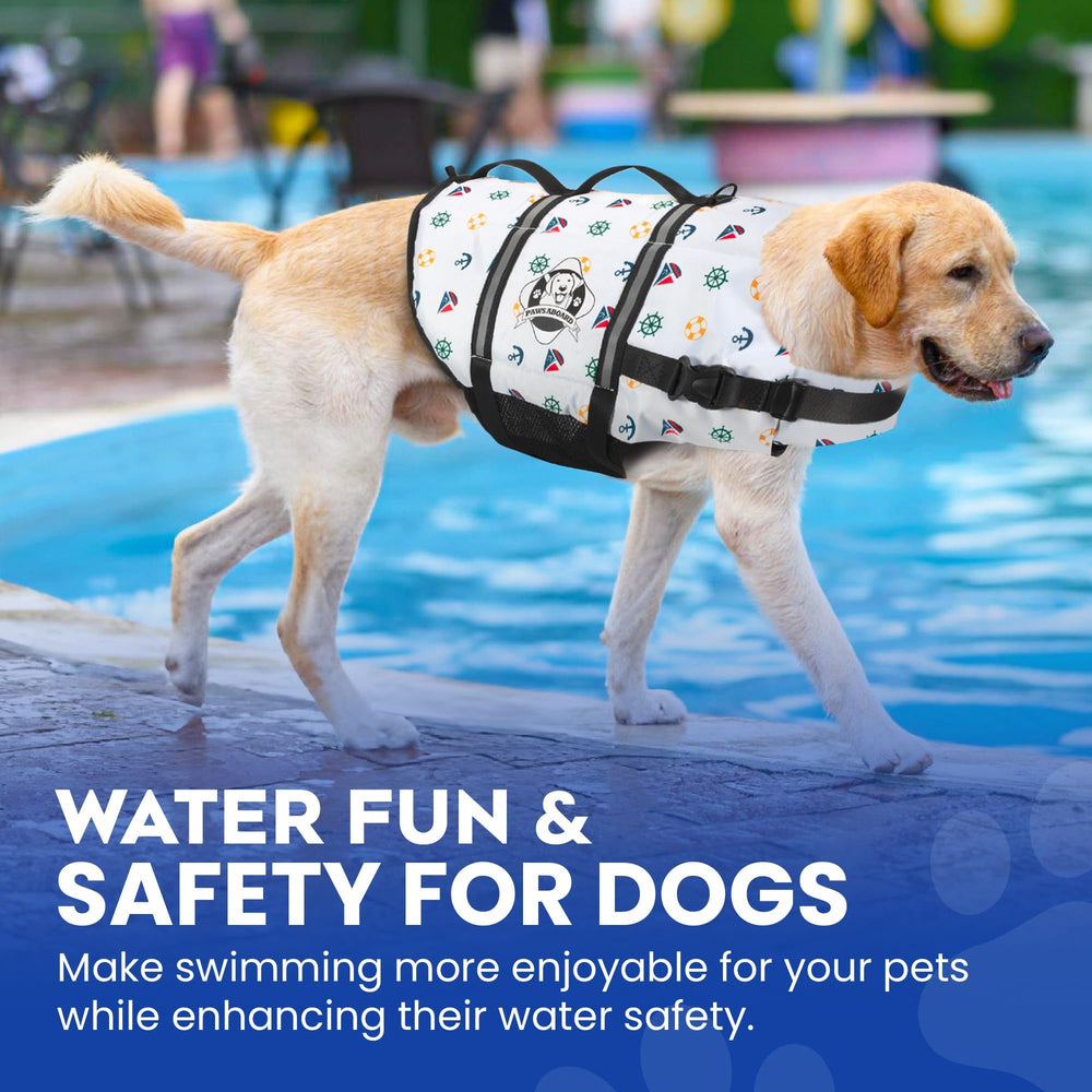 Paws Aboard life jacket helps dogs stay safe while swimming near beaches and boats.