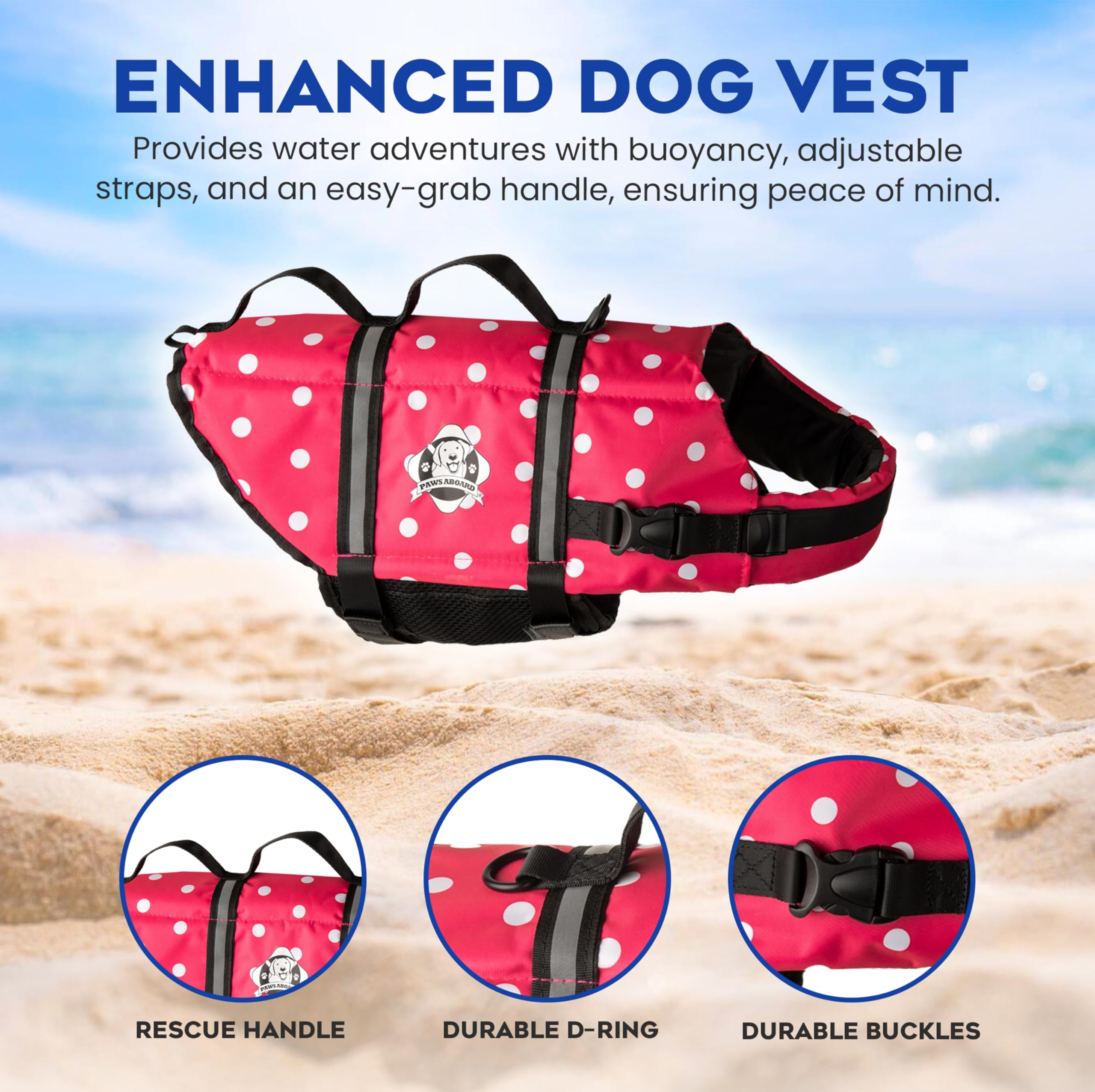 Paws Aboard grab handle on life jacket for easy retrieval from water