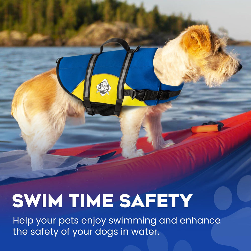 Paws Aboard dog life jacket blue-yellow small, breathable mesh belly keeps dog cool.