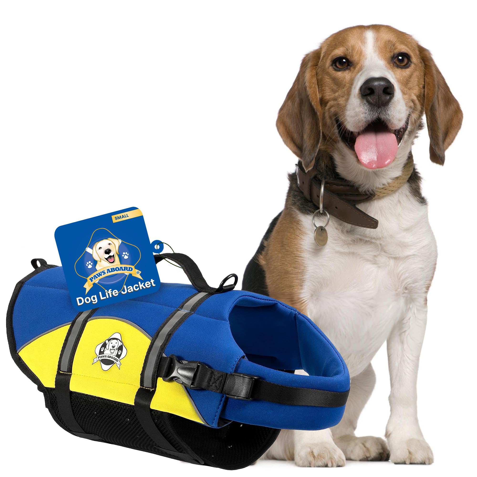 Paws Aboard dog life jacket blue-yellow small, front view shows adjustable straps for secure fit.
