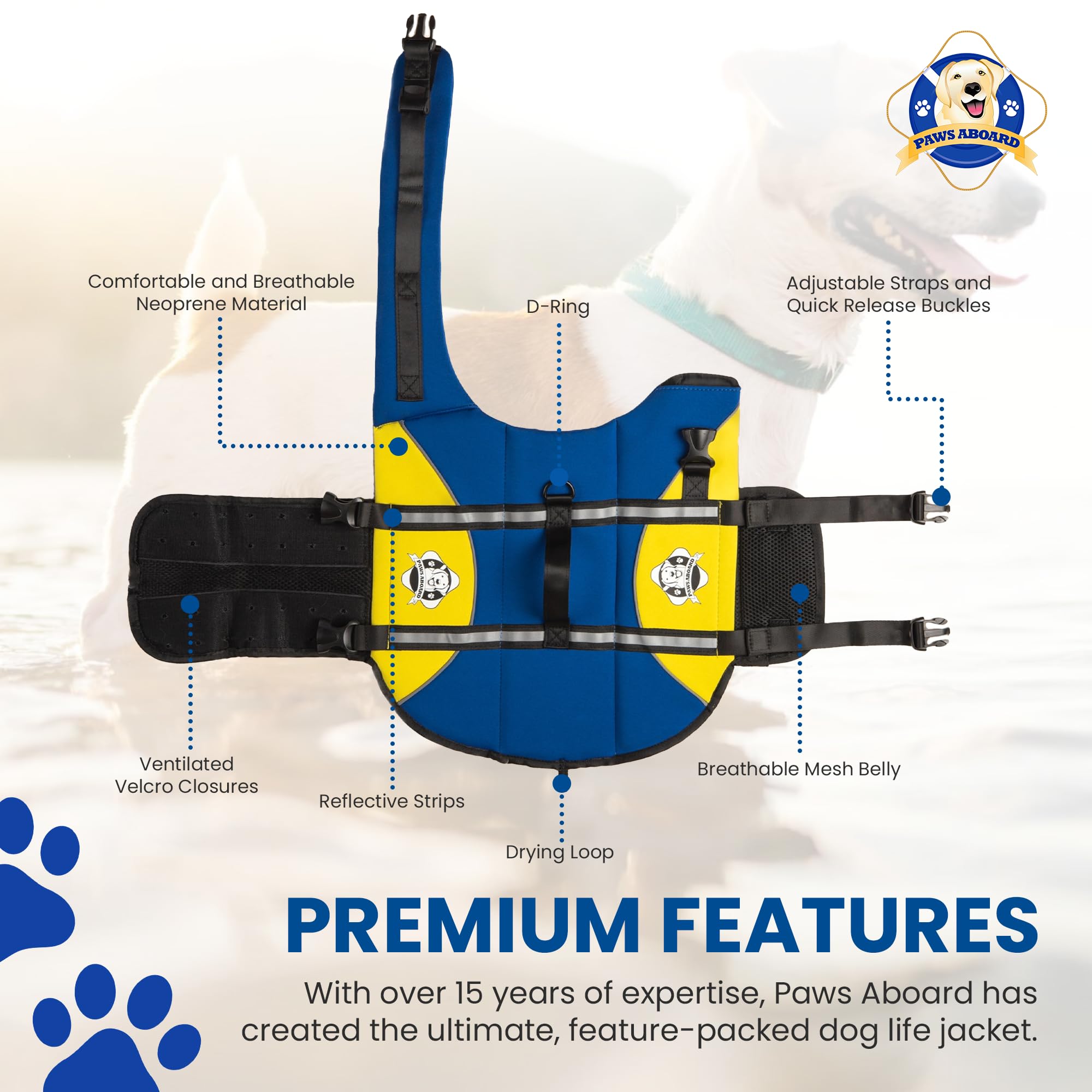 Paws Aboard life jacket small with grab handle, easy retrieval from water.