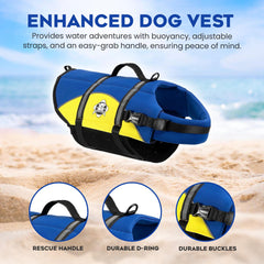 Paws Aboard dog life jacket blue-yellow small, reflective stripes for better low-light visibility.