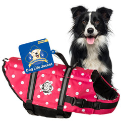 Paws Aboard life jacket pink polka dot front view emphasizes safety and stylish water adventure