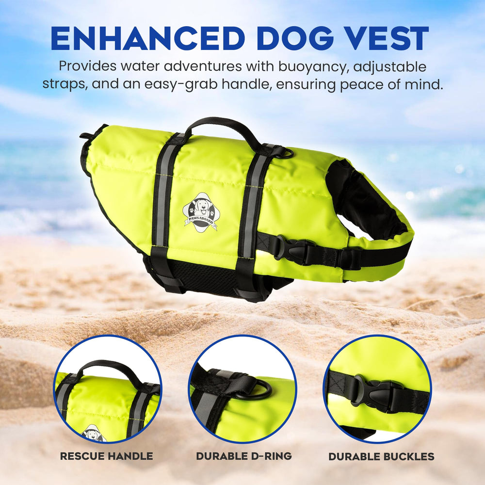 Paws Aboard life jacket with reflective strips improves low-light safety.