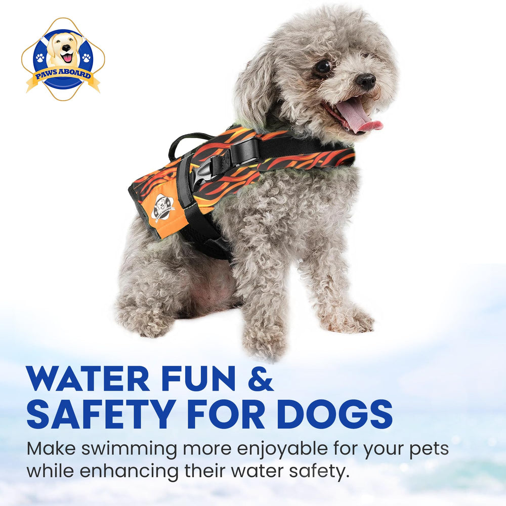 Paws Aboard racing flames xx-small adjustable straps focus on secure fit during swimming.
