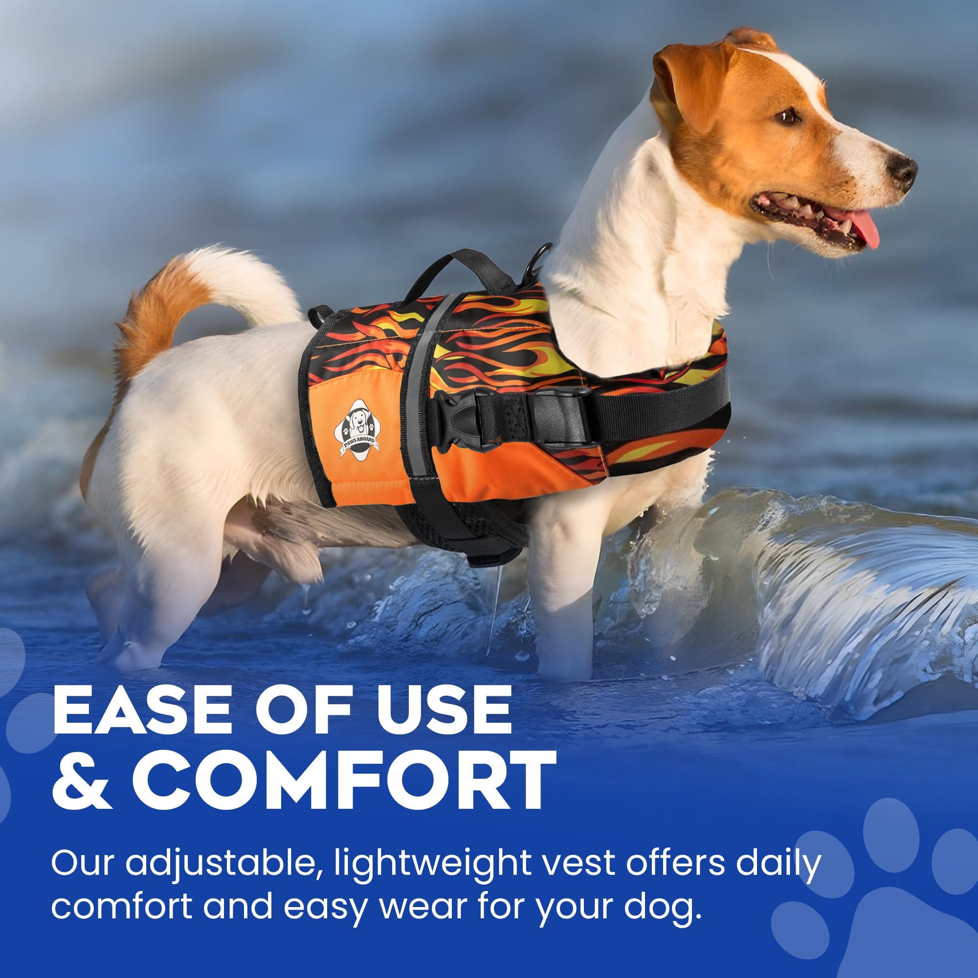 Paws Aboard racing flames xx-small breathable mesh belly keeps the dog cool on warm days.