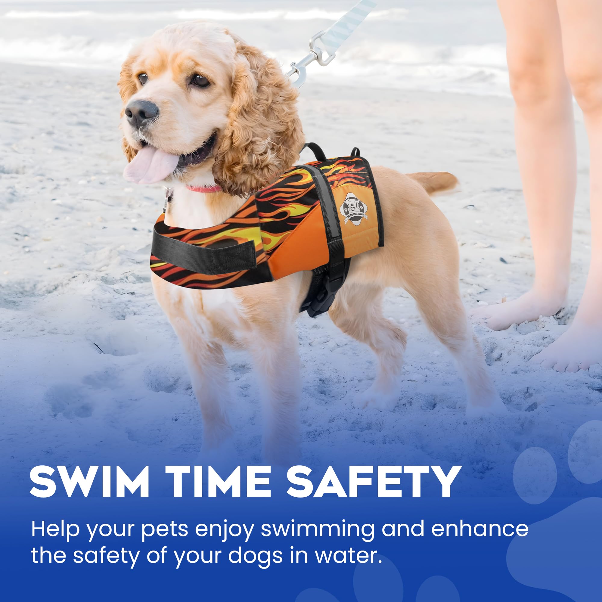 Paws Aboard racing flames xx-small reflective strips improve visibility during dusk water activities.