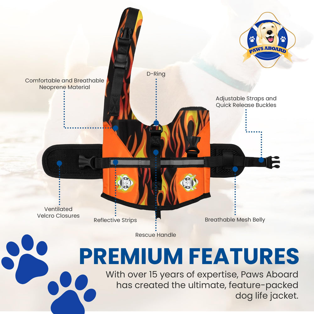 Paws Aboard racing flames xx-small with handle image highlights reflective strips for low-light visibility.