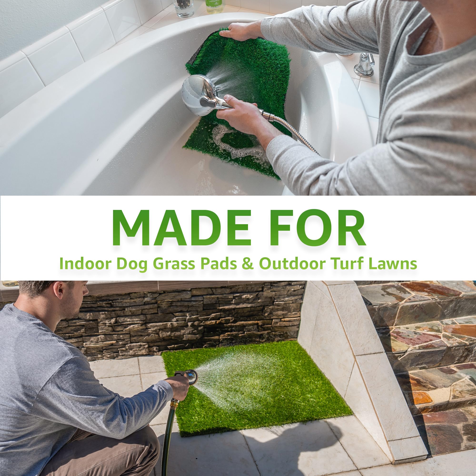 Paws and Play Artificial Grass Cleaner application image shows easy spray and rinse