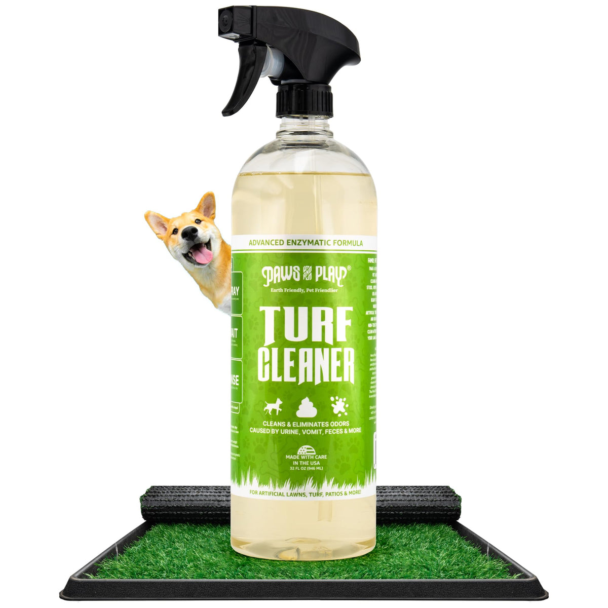 Paws and Play Turf Cleaner bottle front shows pet-safe formula for odor-free turf