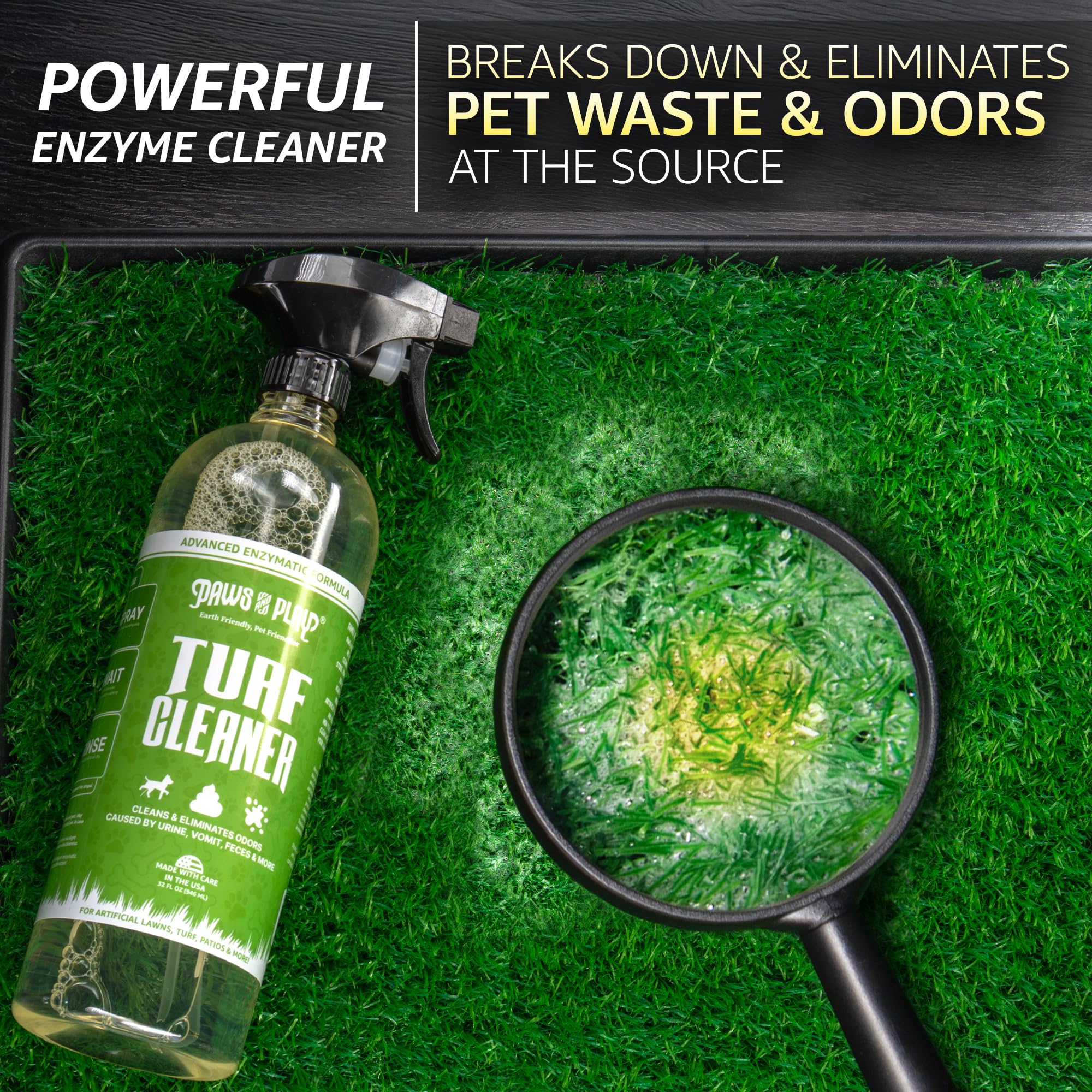 Paws and Play Turf Cleaner spray-on action demonstrates quick deodorizing on artificial grass