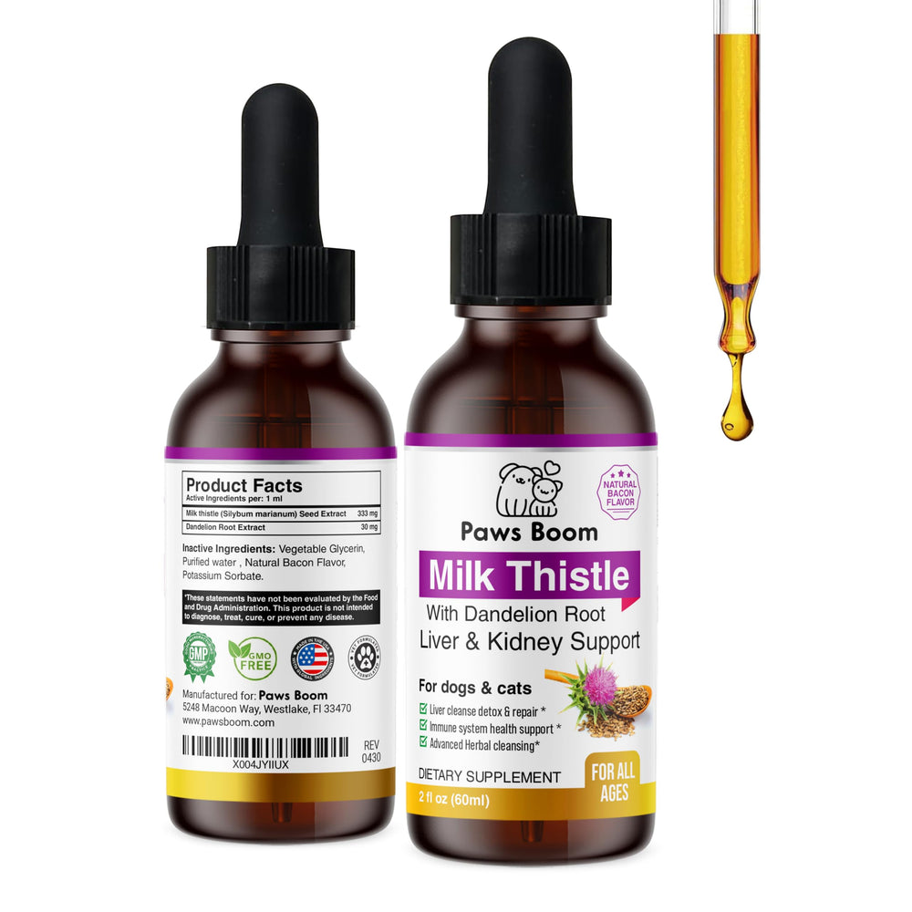 Paws Boom bottle front shows liver detox support for pets.